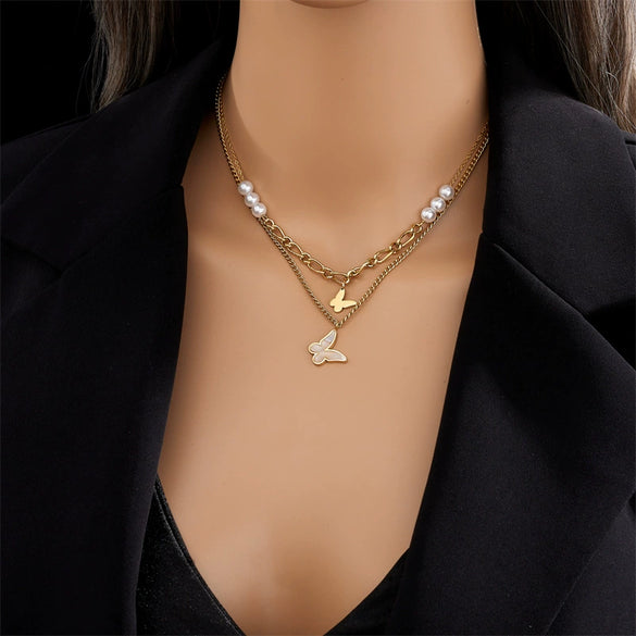 Wholesale Retro Niche Design Double Irregular Chain Beaded Butterfly Pendant Titanium Steel Necklace With Electroplating Geometric Pattern For Women