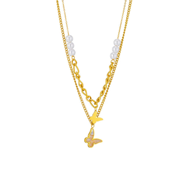 Wholesale Retro Niche Design Double Irregular Chain Beaded Butterfly Pendant Titanium Steel Necklace With Electroplating Geometric Pattern For Women