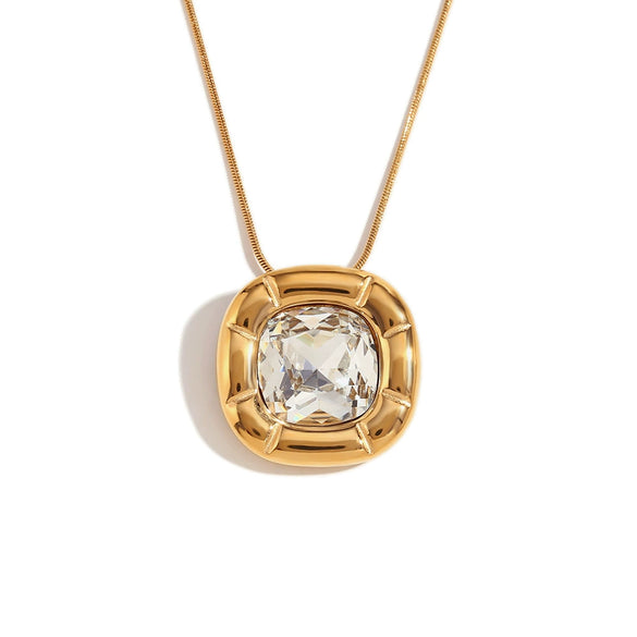 Wholesale Retro Niche Fashion Women's Stainless Steel Earrings And Necklace With Round Angle Square Flower Zircon Studs And Electroplated 18K Gold Finish
