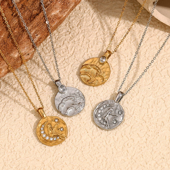 Wholesale Retro Niche Personality Pendant Necklace For Women Stainless Steel 18K Gold Plated Geometric Sun Moon Pendant Electroplated