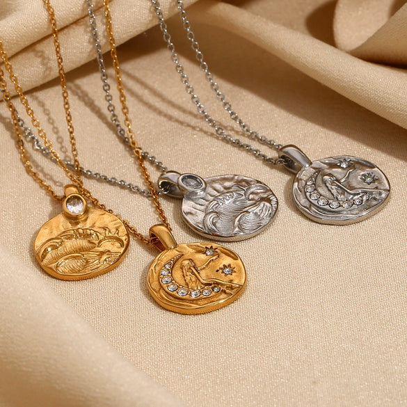 Wholesale Retro Niche Personality Pendant Necklace For Women Stainless Steel 18K Gold Plated Geometric Sun Moon Pendant Electroplated