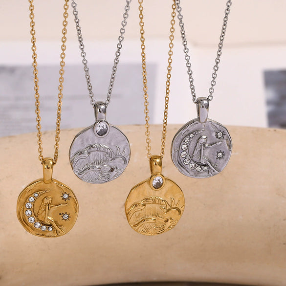 Wholesale Retro Niche Personality Pendant Necklace For Women Stainless Steel 18K Gold Plated Geometric Sun Moon Pendant Electroplated