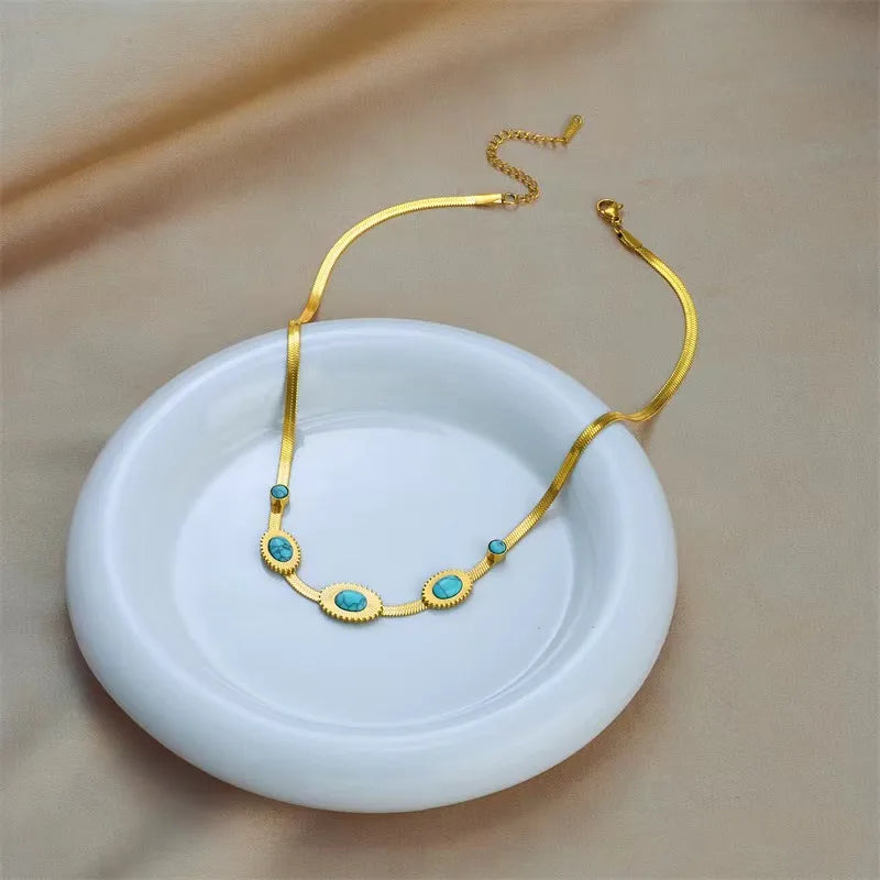 304 Stainless Steel 18K Gold Plated Retro Inlay Oval Resin Necklace