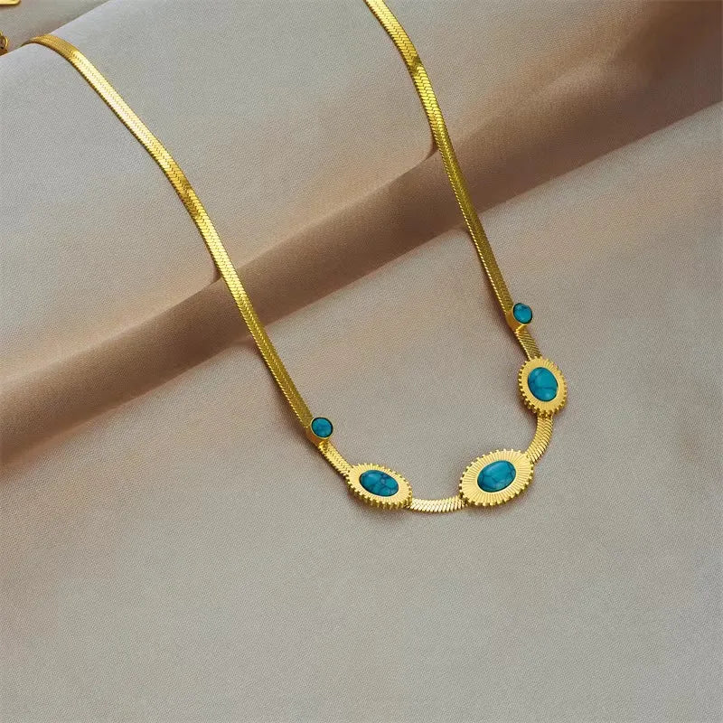 304 Stainless Steel 18K Gold Plated Retro Inlay Oval Resin Necklace