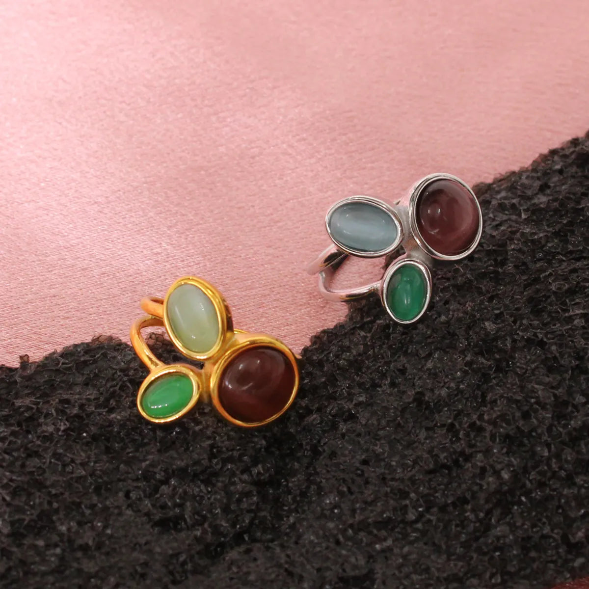 Retro Oval Titanium Steel Plating Inlay Zircon Open Rings