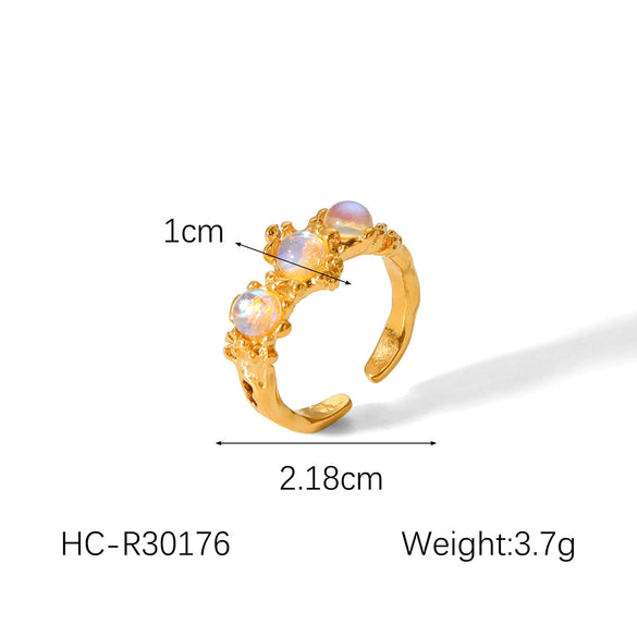 Wholesale Retro Palace Style Zircon Stainless Steel Ring With Moonstone Hammer Geometric Pattern And Electroplating Treatment Open Design For Women