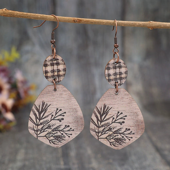 Wholesale Retro Plant Wooden Earrings With Plaid Irregular Shape And Printing