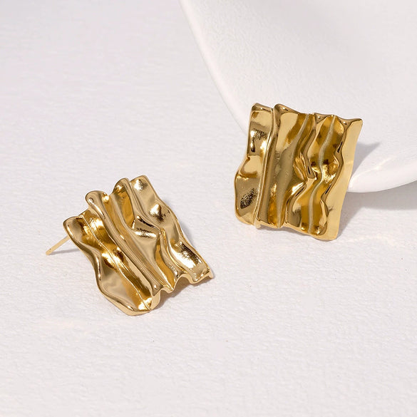 Wholesale Retro Pleated Irregular Geometric Stainless Steel Goldplated Ear Studs For Women