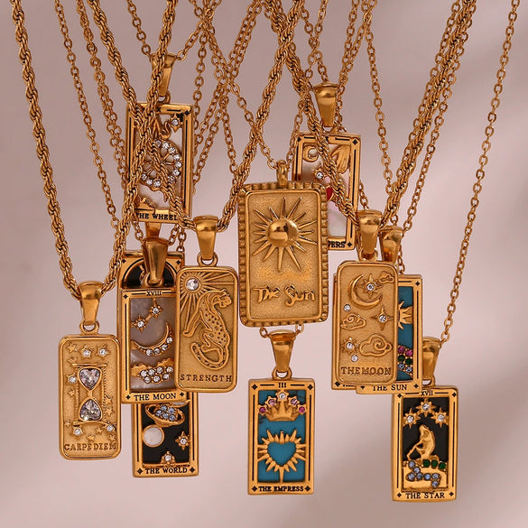 Wholesale Retro Popular Fashion Pendant Jewelry Stainless Steel Rectangular Geometric Oil Dropping Zircon Tarot Necklace With Electroplating