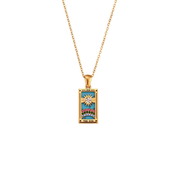 Wholesale Retro Popular Fashion Pendant Jewelry Stainless Steel Rectangular Geometric Oil Dropping Zircon Tarot Necklace With Electroplating