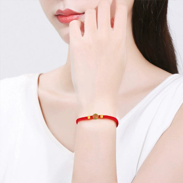 Wholesale Retro Round Gold 999 Beads Gold Bracelet Anklet With Baking Paint Featuring Letters Numbers Text Pattern On Benmingnian Red Rope