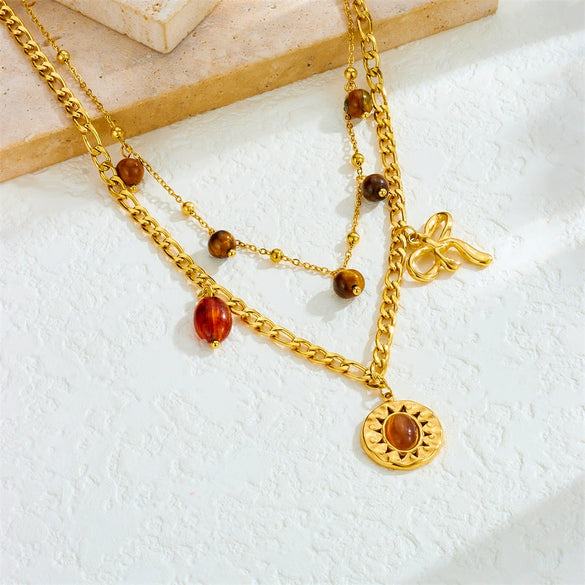 Wholesale Retro Round Tiger Eye Sun Pendant Necklace With Bow Stainless Steel Double Layer Clavicle Chain Electroplated