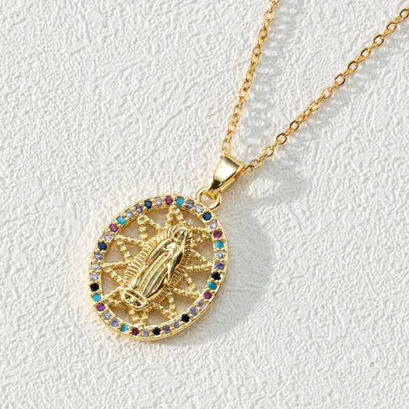 Wholesale Retro Sacred Religious Accessories Copper Necklace With Micro Set Colorful Zircon And Cartoon Characters Pendant