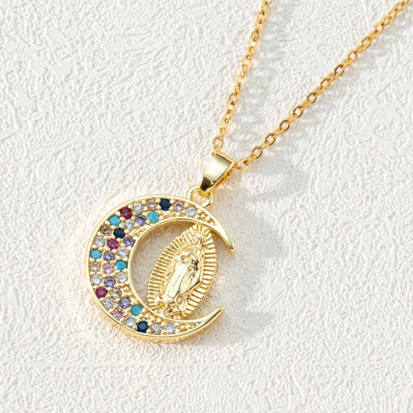 Wholesale Retro Sacred Religious Accessories Copper Necklace With Micro Set Colorful Zircon And Cartoon Characters Pendant