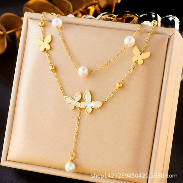 Wholesale Retro Simple Double Layer Stacked Pearl Butterfly Stainless Steel Jewelry Necklace For Women With Electroplating