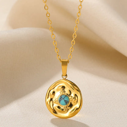 Wholesale Retro Simple Style Round Stainless Steel Plating Inlay 18k Gold Plated Turquoise Pendant Necklace