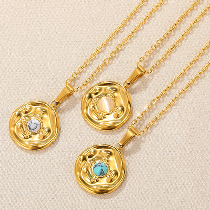 Wholesale Retro Simple Style Round Stainless Steel Plating Inlay 18k Gold Plated Turquoise Pendant Necklace