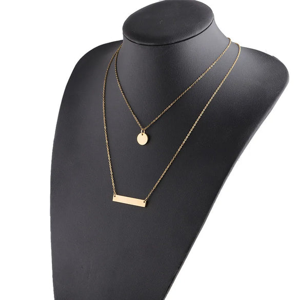 Wholesale Jewelry Retro Simple Style Customization Laser Engraving Solid Color Titanium Steel 18K Gold Plated Chain Layered Necklaces