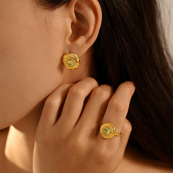 Wholesale Retro Square Green Glass Earrings And Necklace Set 316L Stainless Steel Pvd Plated 18K True Gold For Women