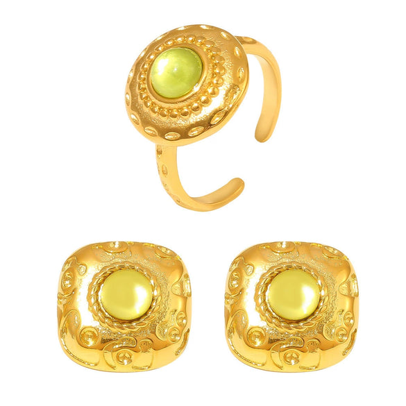 Wholesale Retro Square Green Glass Earrings And Necklace Set 316L Stainless Steel Pvd Plated 18K True Gold For Women