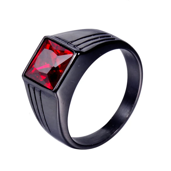 Retro Square Titanium Steel Metal Inlay Artificial Gemstones Rhodium Plated Men'S Rings