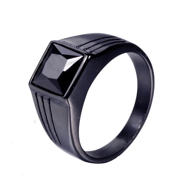 Retro Square Titanium Steel Metal Inlay Artificial Gemstones Rhodium Plated Men'S Rings