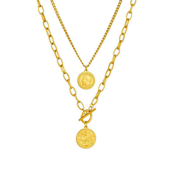 Wholesale Retro Stainless Steel Double Layer Round Portrait Head Double Sided Pendant Necklace With Gold Plated Electroplating And O Word Chain For Women
