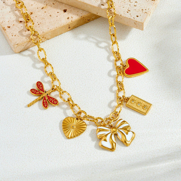 Wholesale Retro Stainless Steel Electroplated Jewelry Set With Butterfly Dragonfly Insect Patterns Heartshaped Pendant For Women