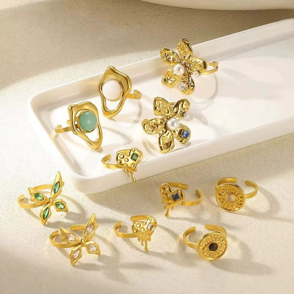 Wholesale Retro Stainless Steel Geometric Irregular Pleated Flower Ring With Electroplating