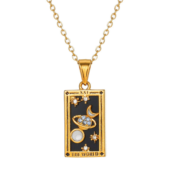 Wholesale Retro Stainless Steel Geometric Rectangular Oil Dripping Zircon Tarot Card Pendant Necklace Manual Processing For Women
