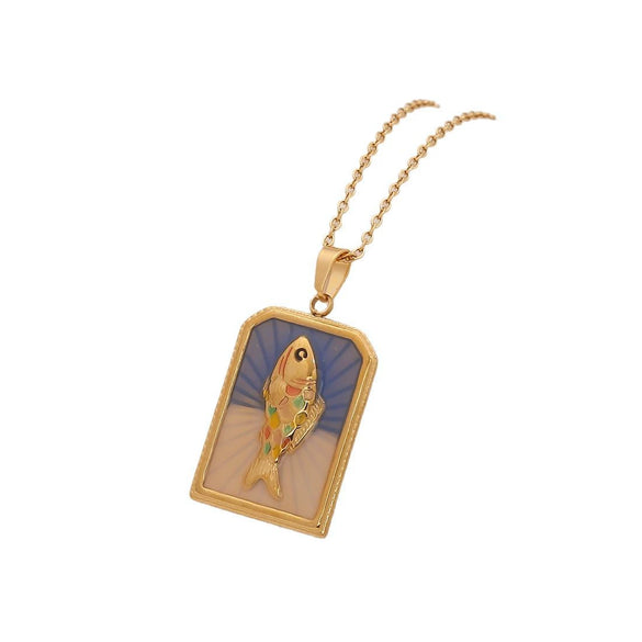 Wholesale Retro Stainless Steel Geometric Tarot Oil Drop Fish Pendant Necklace With O Word Chain