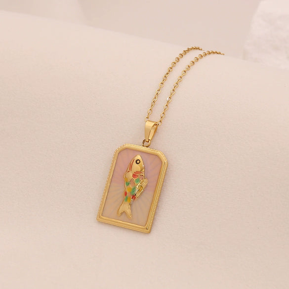 Wholesale Retro Stainless Steel Geometric Tarot Oil Drop Fish Pendant Necklace With O Word Chain
