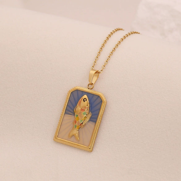 Wholesale Retro Stainless Steel Geometric Tarot Oil Drop Fish Pendant Necklace With O Word Chain
