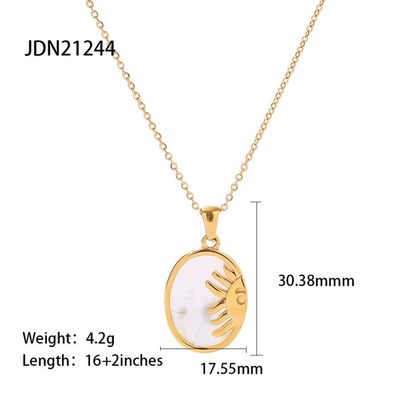 Wholesale Retro Stainless Steel Oval Shell Sun Moon Pendant Necklace With 18K Gold Plated Electroplating
