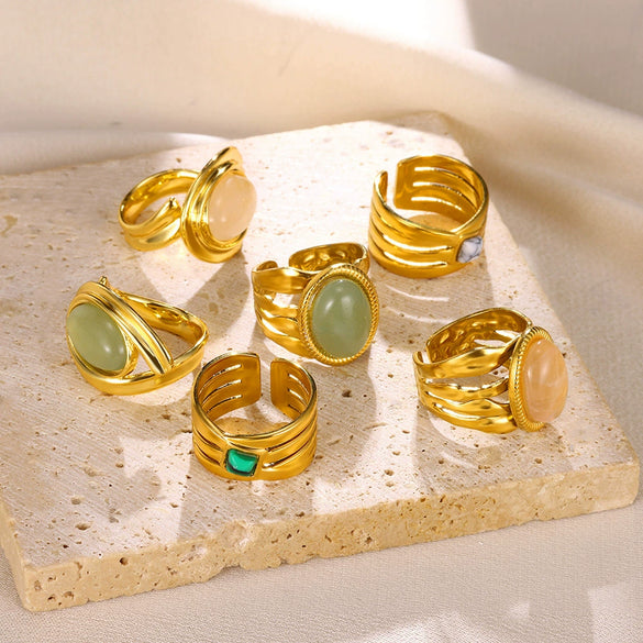 Wholesale Retro Stainless Steel Ring Electroplated With Gold Inlaid With Natural Stone Geometric Style Women's Jewelry