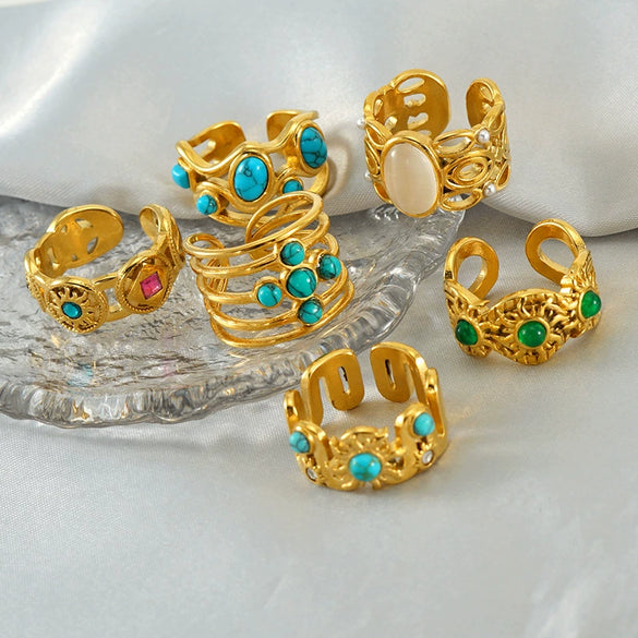 Wholesale Retro Stainless Steel Ring Electroplated With 18K Gold Inlaid With Peacock Geometric Style Unisex Jewelry