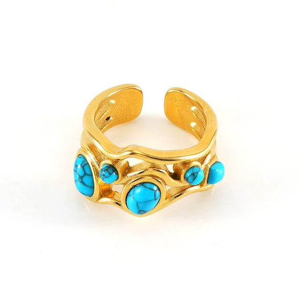 Wholesale Retro Stainless Steel Ring Electroplated With 18K Gold Inlaid With Peacock Geometric Style Unisex Jewelry