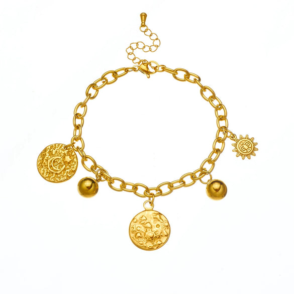 Wholesale Retro Stainless Steel Sun And Moon Pendant Chain Bracelet With Irregular Concaveconvex Surface And Electroplating