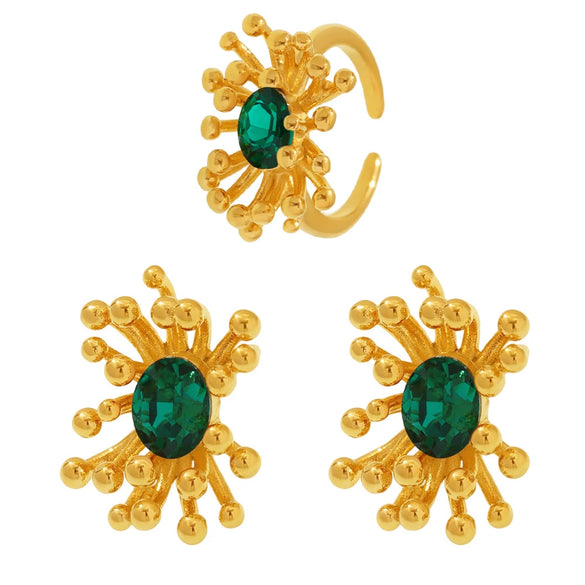 Wholesale Retro Stainless Steel Zircon Stamens Ring And Earrings Set With Electroplating