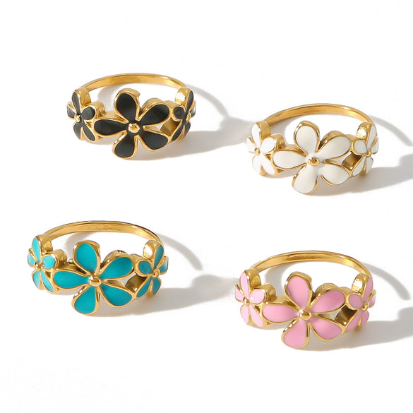 Wholesale Retro Style Color Oil Drop Daisy Ring Stainless Steel 18K Furnace Vacuum Plated