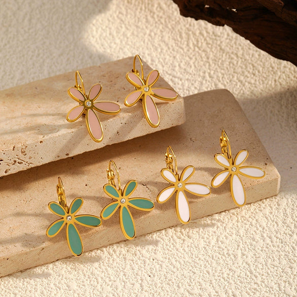 Wholesale Retro Style Flower Shape Dripping Oil Stainless Steel Petal Earrings For Women