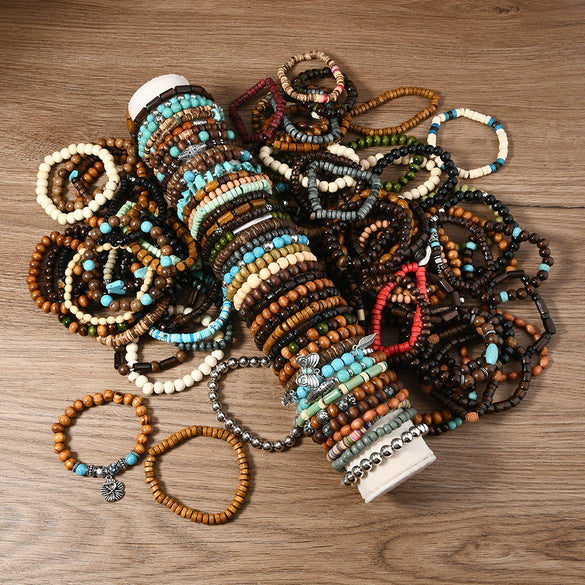 Wholesale Retro Style Geometric Butterfly Wooden Beads Handmade Elastic Hair String Set