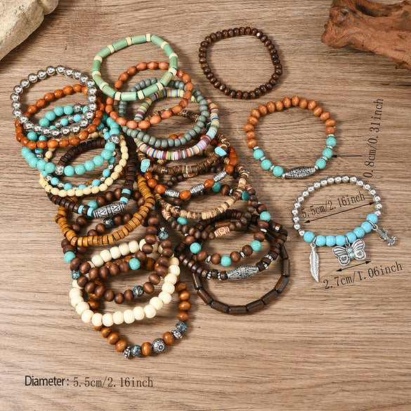Wholesale Retro Style Geometric Butterfly Wooden Beads Handmade Elastic Hair String Set