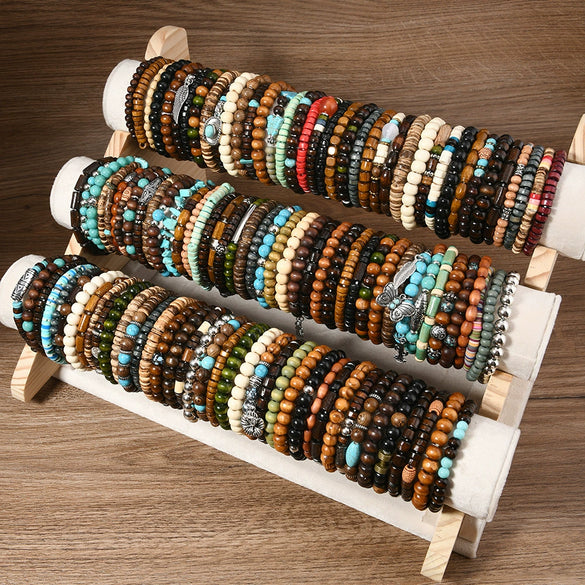 Wholesale Retro Style Geometric Butterfly Wooden Beads Handmade Elastic Hair String Set