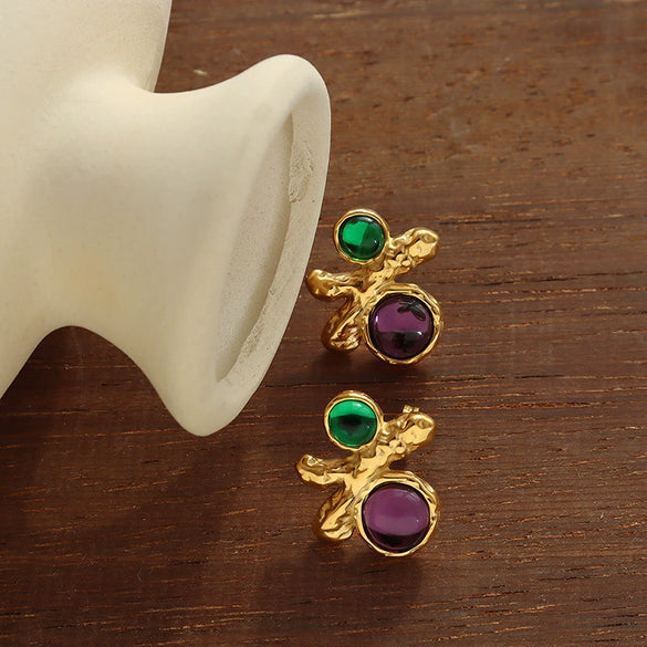Wholesale Retro Style Geometric 316L Stainless Steel 18K Gold Plated Ruby Inlaid Earrings