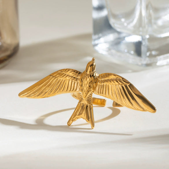 Wholesale Retro Style Metallic Stainless Steel Bird Wings Opening Ring Jewelry With Geometric Pattern And Electroplating Process