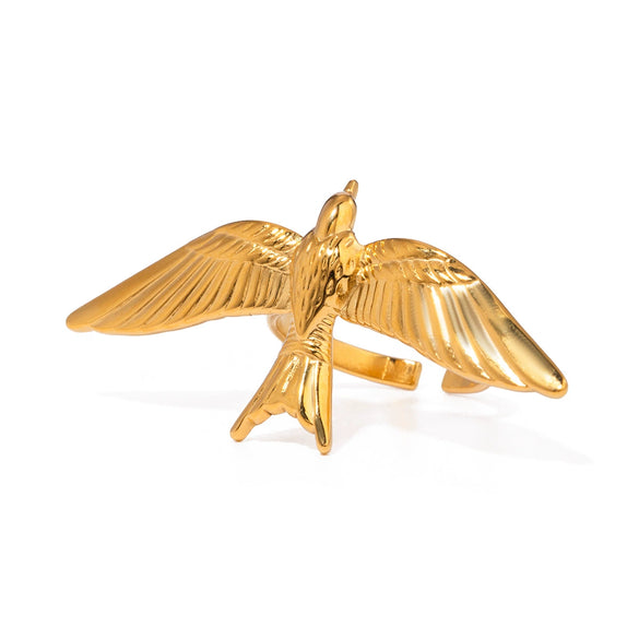 Wholesale Retro Style Metallic Stainless Steel Bird Wings Opening Ring Jewelry With Geometric Pattern And Electroplating Process