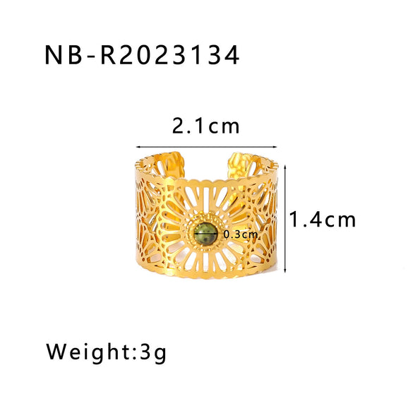 Wholesale Retro Style Opening Adjustable Ring In Stainless Steel With 18K Furnace Vacuum Plated Geometric Pattern And Inlaid Natural Tiger Eye Stone