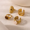 Wholesale Retro Style Opening Adjustable Ring In Stainless Steel With 18K Furnace Vacuum Plated Geometric Pattern And Inlaid Natural Tiger Eye Stone