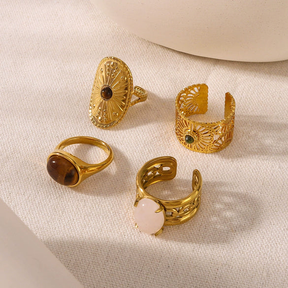 Wholesale Retro Style Opening Adjustable Ring In Stainless Steel With 18K Furnace Vacuum Plated Geometric Pattern And Inlaid Natural Tiger Eye Stone